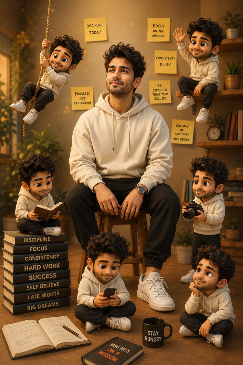 Young man sits surrounded by his motivated mini clones in a cozy room