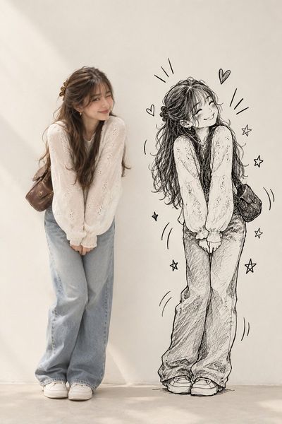 Playful portrait with doodle shadow mimics exaggerated pose