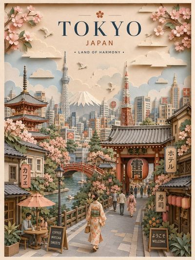 A layered paper-cut travel poster of Paris with the Eiffel Tower