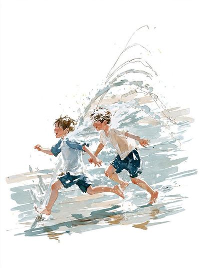 A boy walks through a fountain tunnel on a summer day.