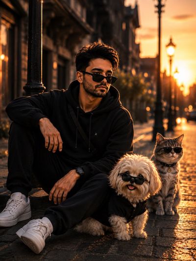 A man crouches by a lamp post with two stylish pets