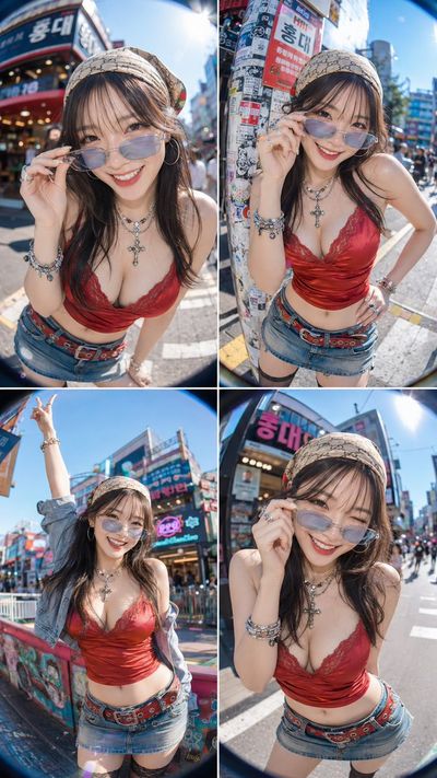 Seductive woman in red camisole pulls down sunglasses in Seoul