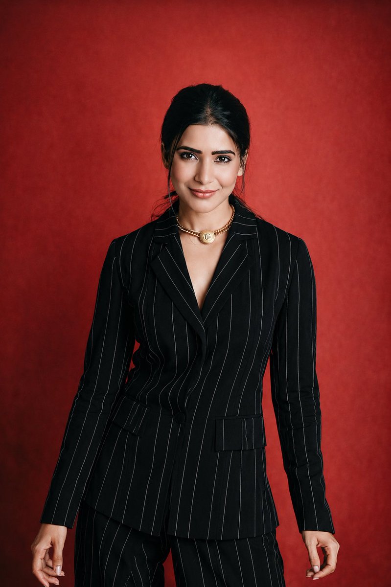 A woman in navy striped suit poses calmly in red studio