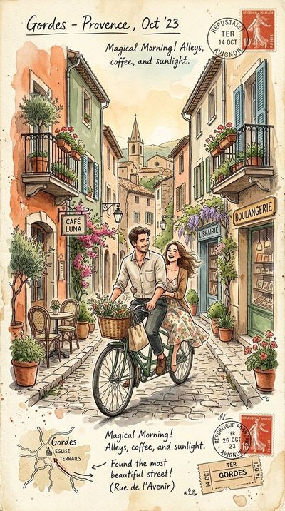 A couple cycles through a sunlit Mediterranean alley in vintage watercolor