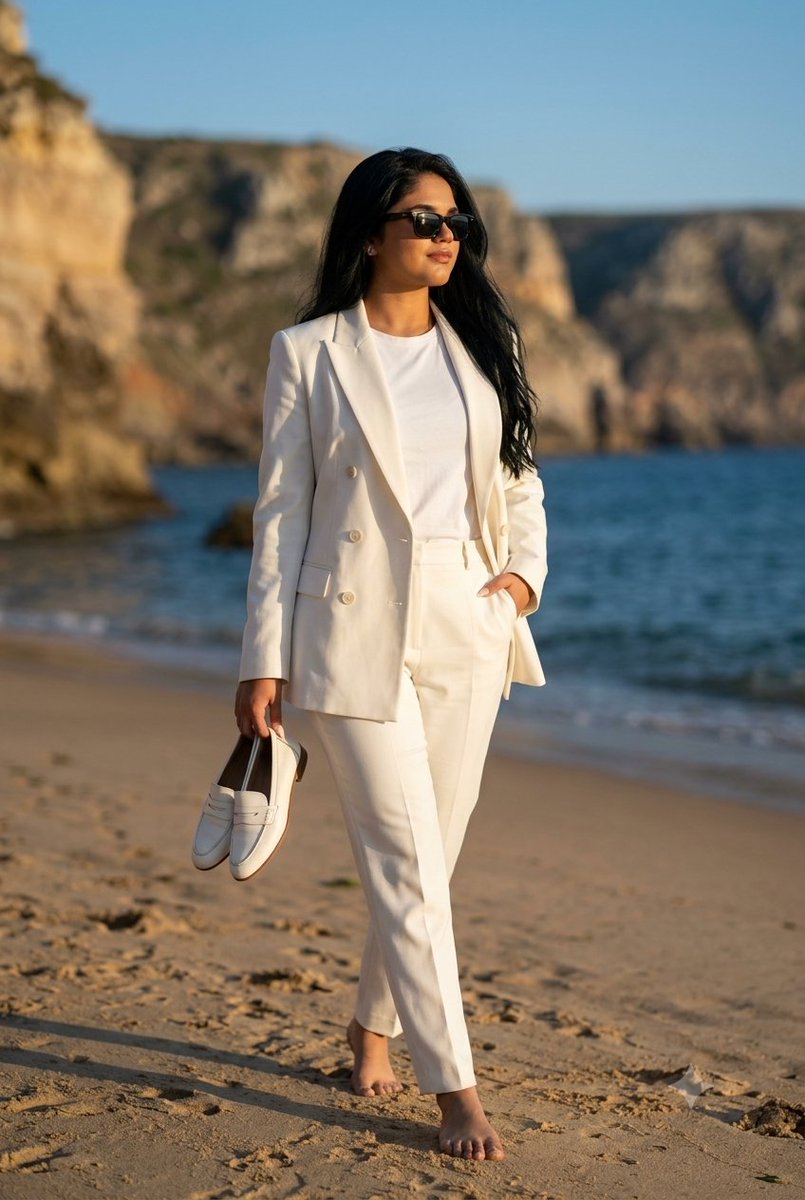 A woman walks barefoot on a golden beach at sunset