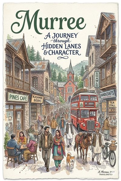 A watercolor travel poster blends Murree charm with Toronto skyline