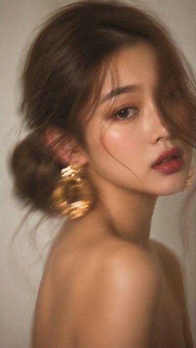 Woman with braided bun and gold earrings looks away in motion blur