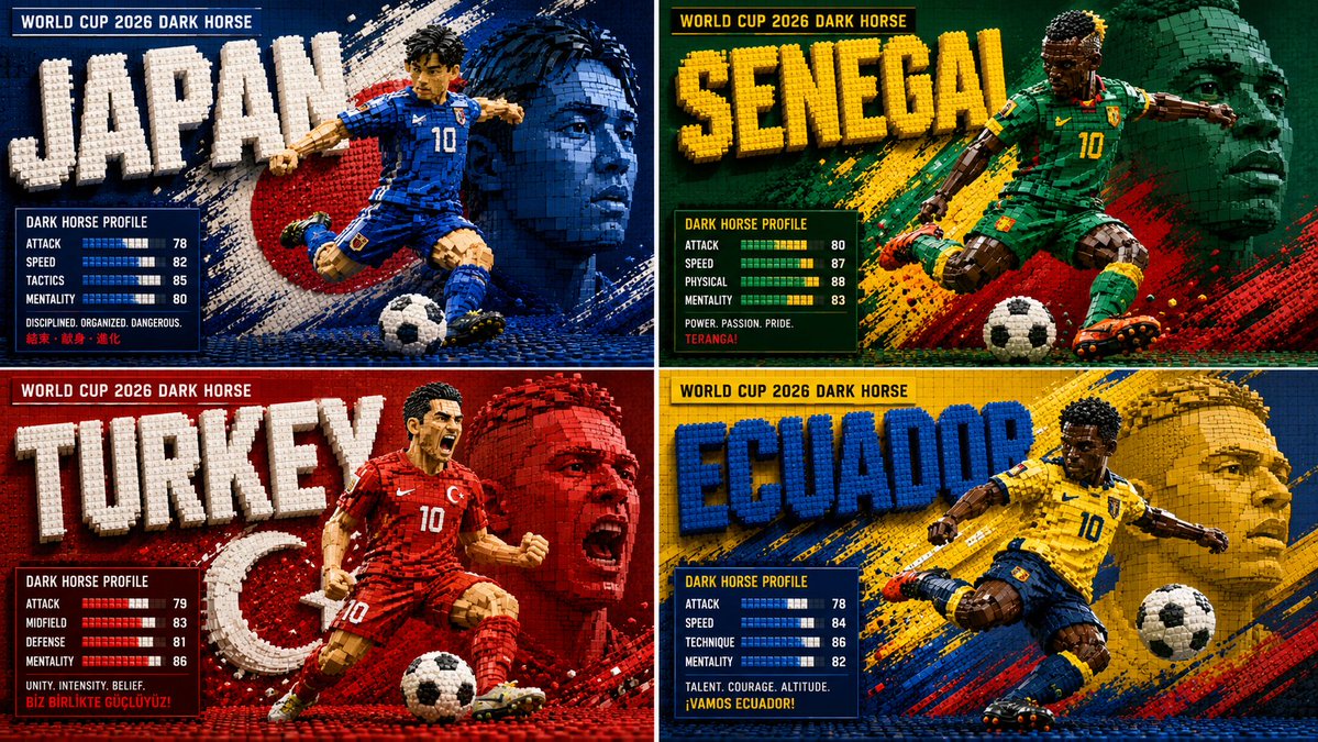 Four dark horses race across a LEGO World Cup poster
