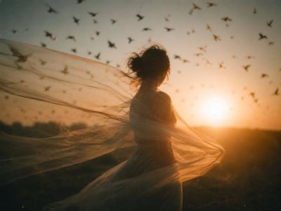 A solitary woman stands in a golden field as birds take flight
