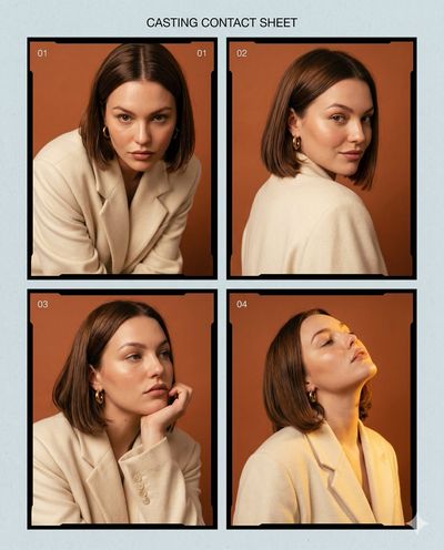 Woman with chestnut bob poses against warm terracotta studio backdrop.