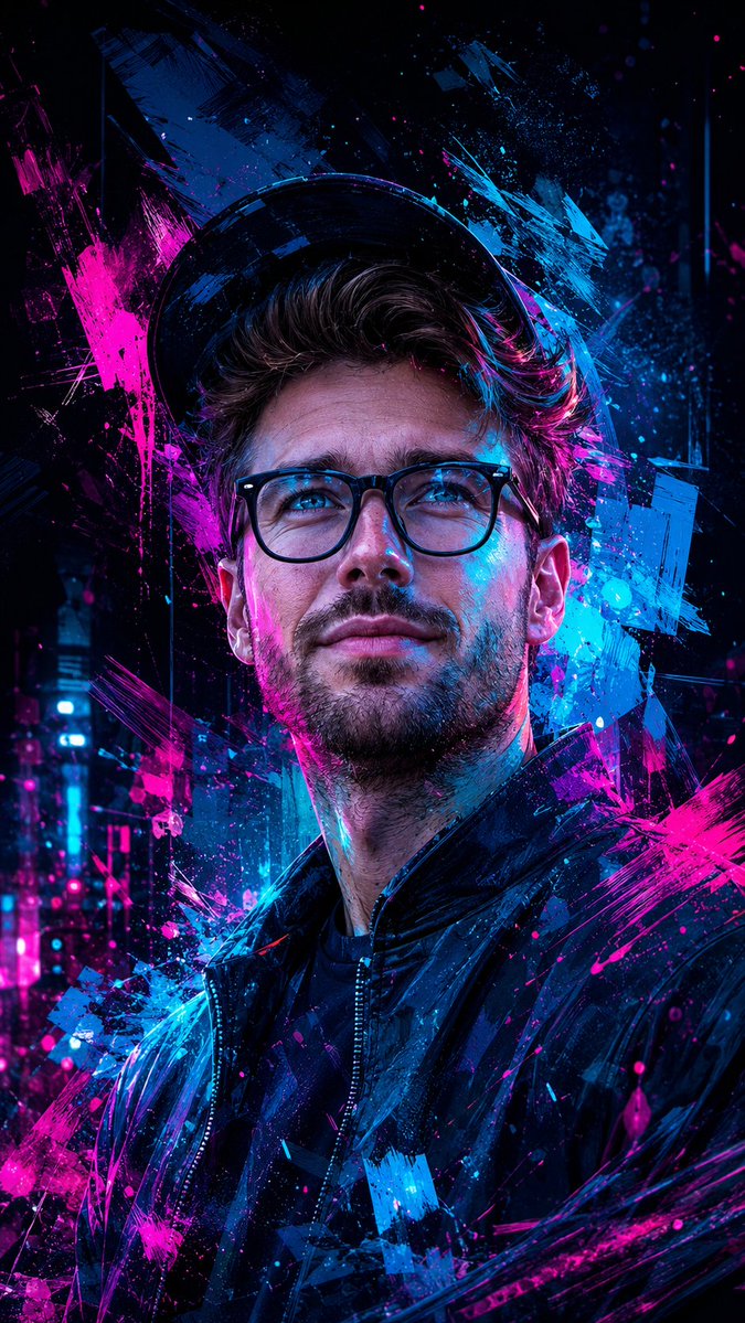 A rugged Eastern European man gazes upward amid neon paint splashes