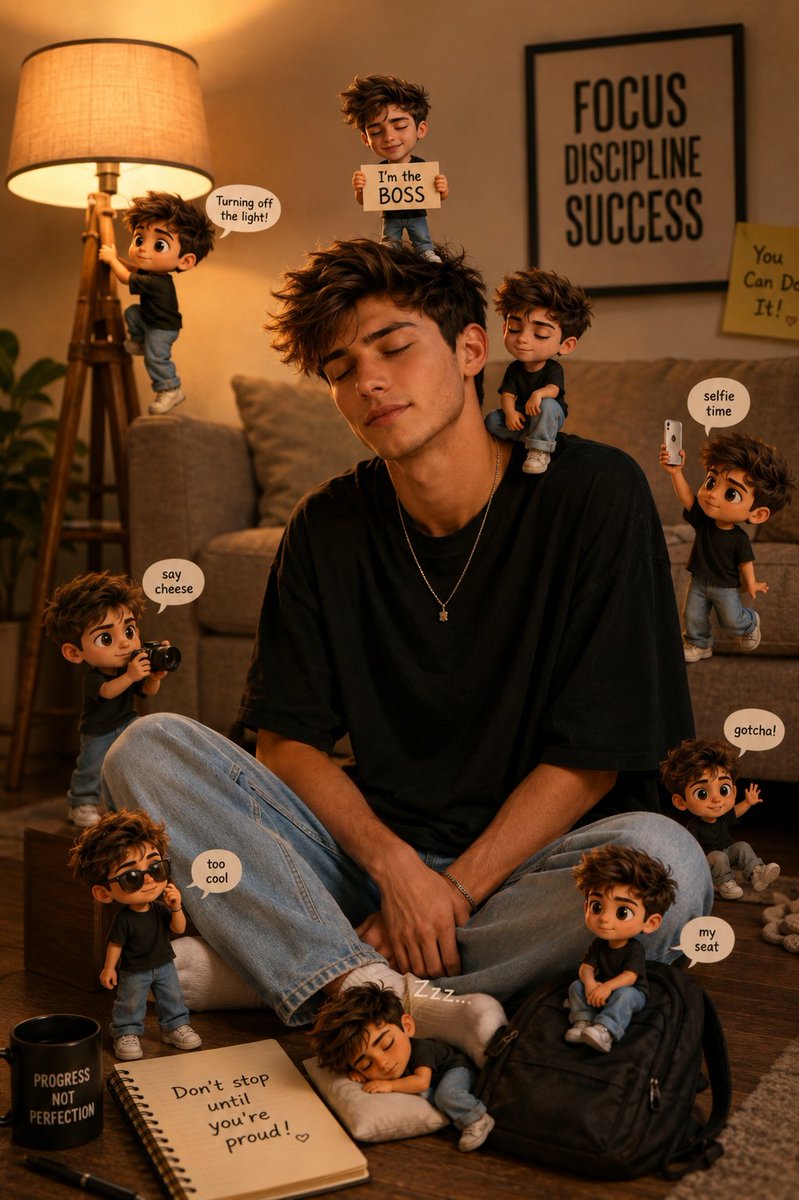 Young man smiles peacefully surrounded by tiny chibi selves in cozy study
