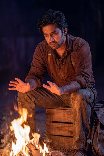 A weathered frontiersman warms his hands over a campfire at night