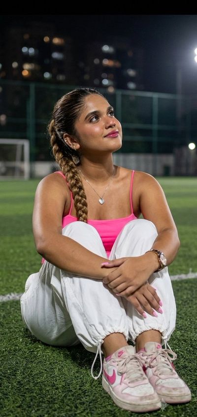 A woman sits alone on a soccer field at night