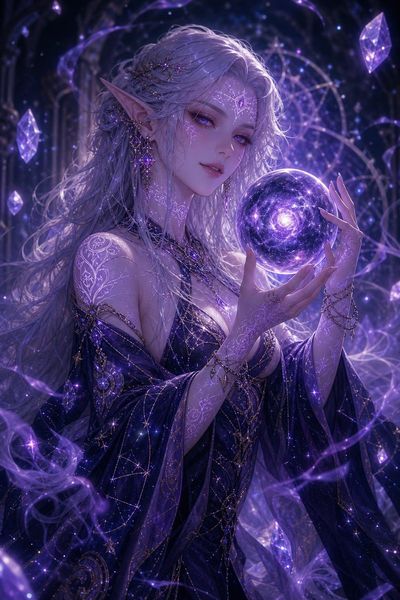 Amethyst-eyed elven sorceress channels twilight magic through glowing runes
