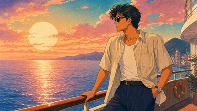 A handsome man in sunglasses leans on a wooden railing at sunset