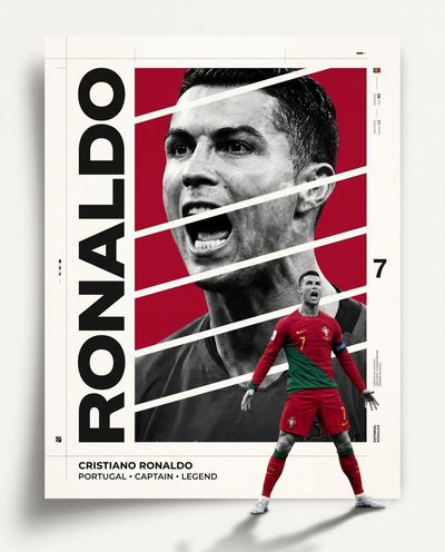Cristiano Ronaldo's intense portrait dominates a bold red poster