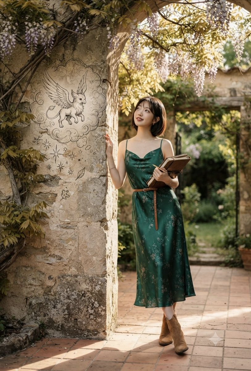Woman in slip dress leans on ancient stone archway dreaming