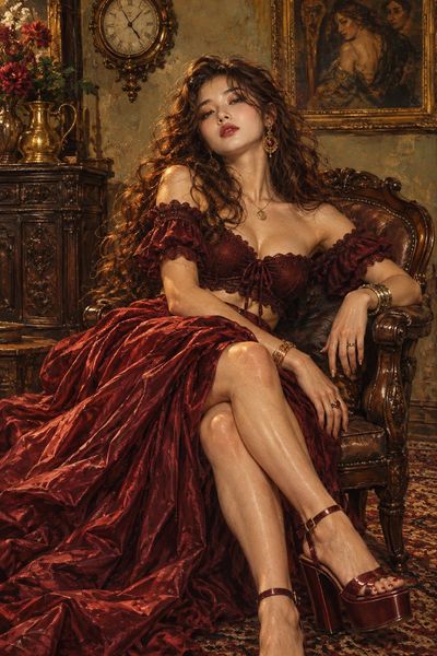 Burgundy Clad Girl Lounges in Antique Chair with Defiant Poise