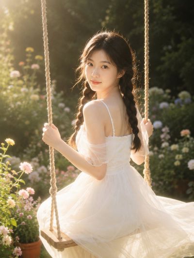 Golden sunlight wraps a woman on a garden swing