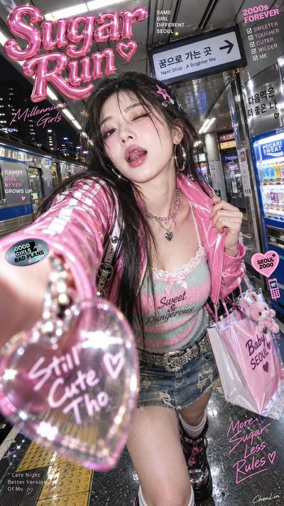 Y2K Candy Girl Poses in Neon Urban Flash Portrait