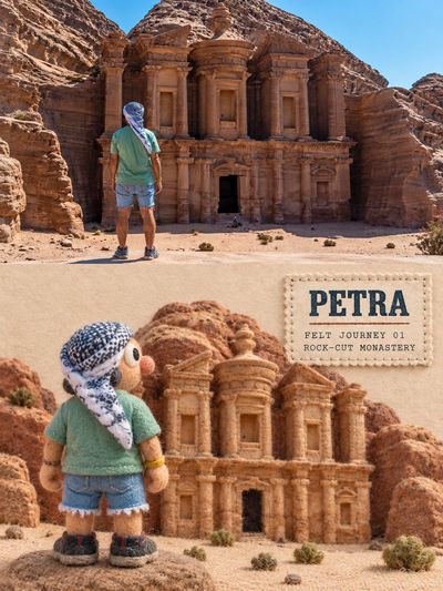 A quirky felt traveler with enormous eyes stands in a miniature diorama