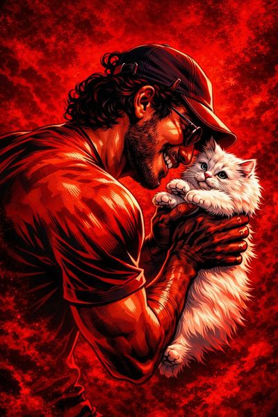 Tough Meets Tender: Muscular Man Cradles Fluffy Kitten in Red Haze