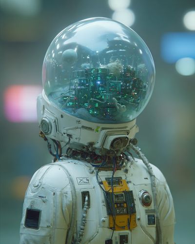 Humanoid Astronaut with Cyberpunk Cityscape in Glass Helmet
