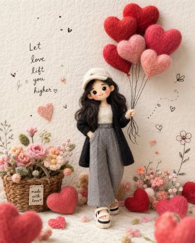 A young woman holds red felt hearts in a whimsical needle-felt portrait