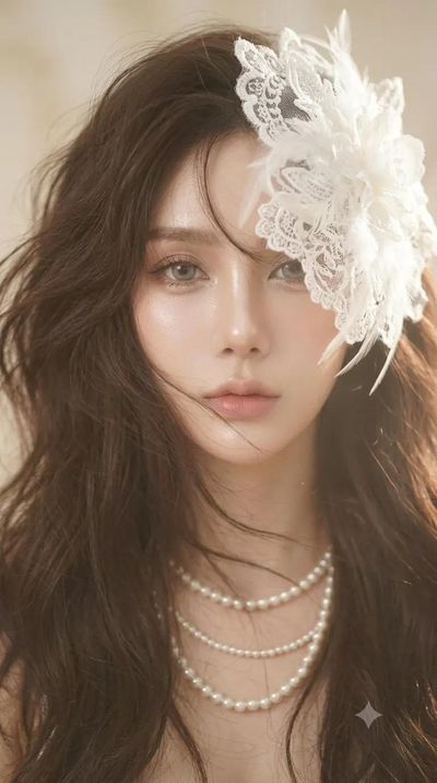 A mysterious woman with flowing hair wears a white lace headpiece