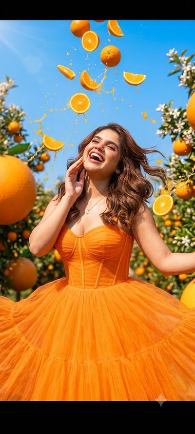 Laughing woman in orange dress dances under falling citrus rain