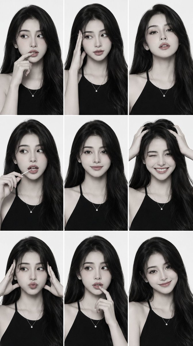 Nine expressions of same woman in monochrome editorial comp card