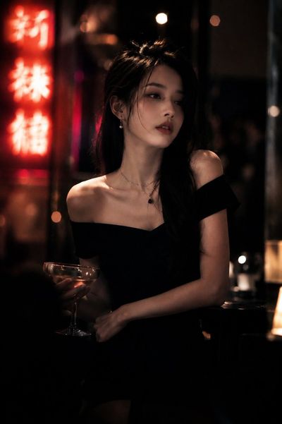 A melancholic woman in black dress sits alone at a dimly lit bar.