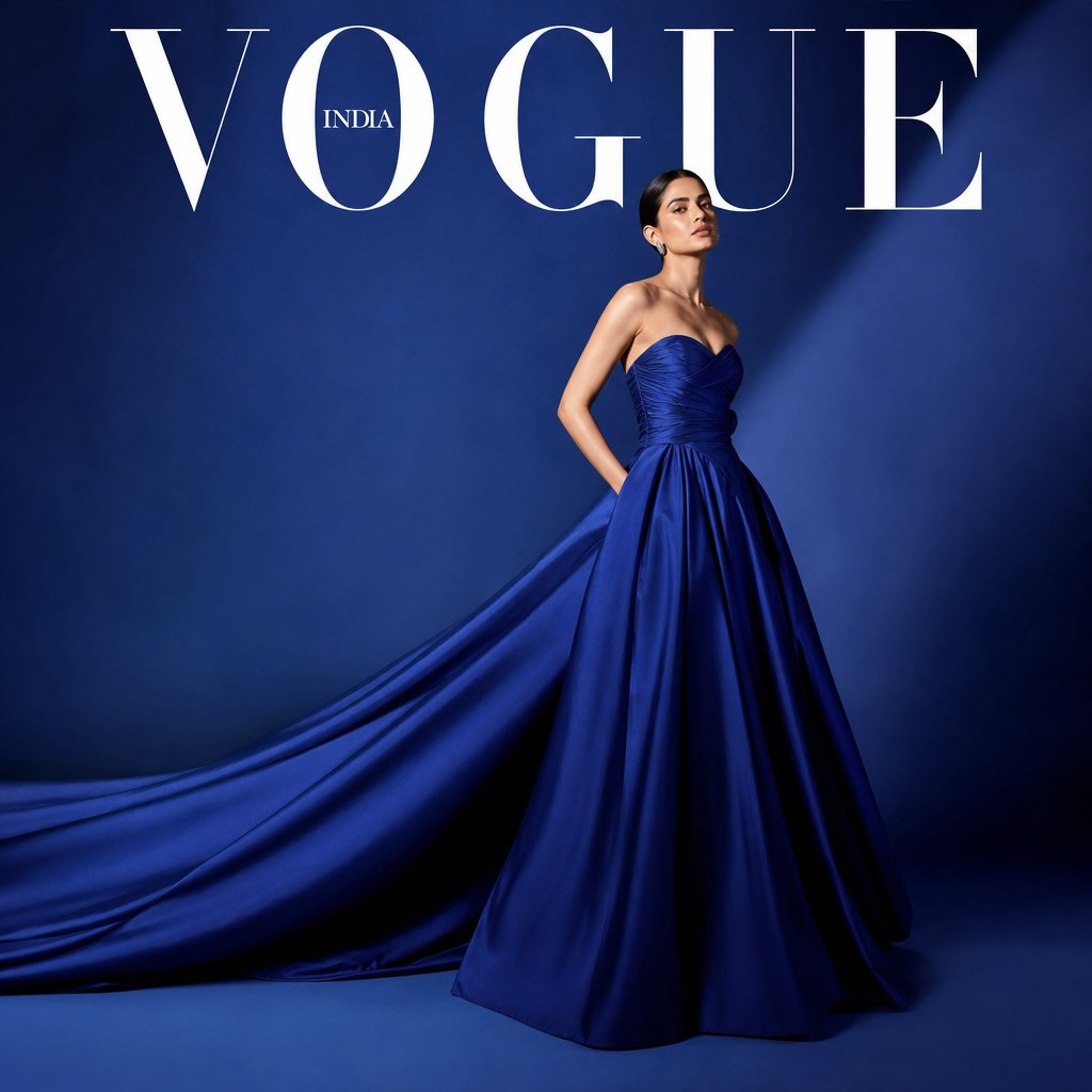 Elegant Woman in Sapphire Couture: A High-End Fashion Editorial