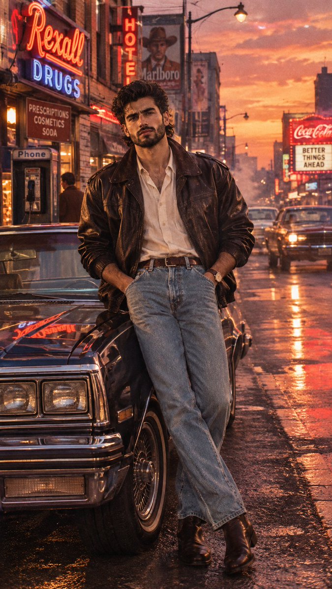 Leather-clad rebel leans beside a vintage car under neon dusk.