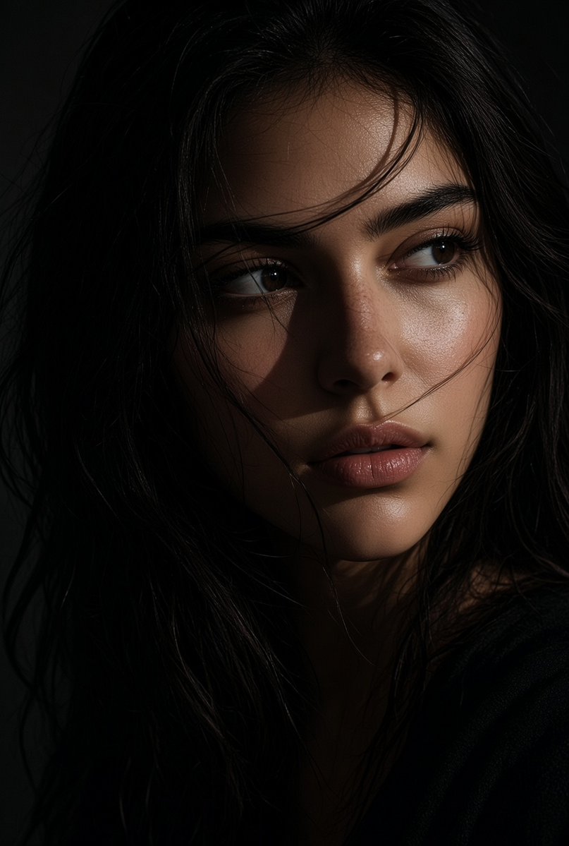 Wind-tossed hair veils intense eyes in moody cinematic portrait
