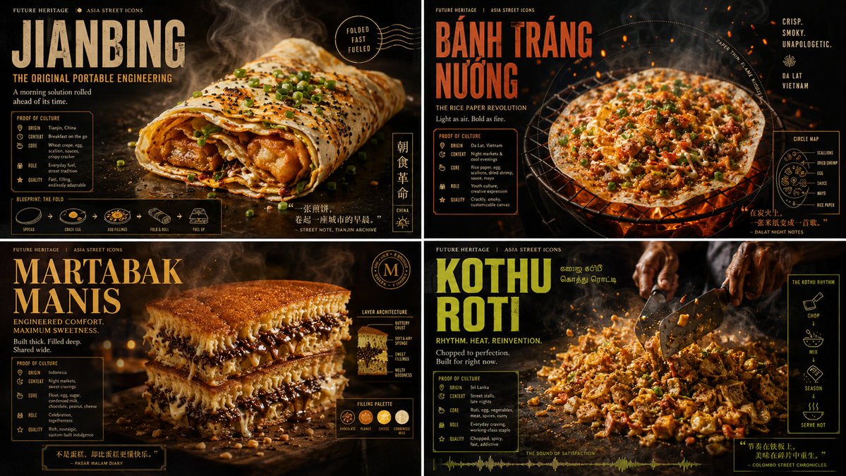 Asian street food grid showcases four underrated gems in cinematic poster style