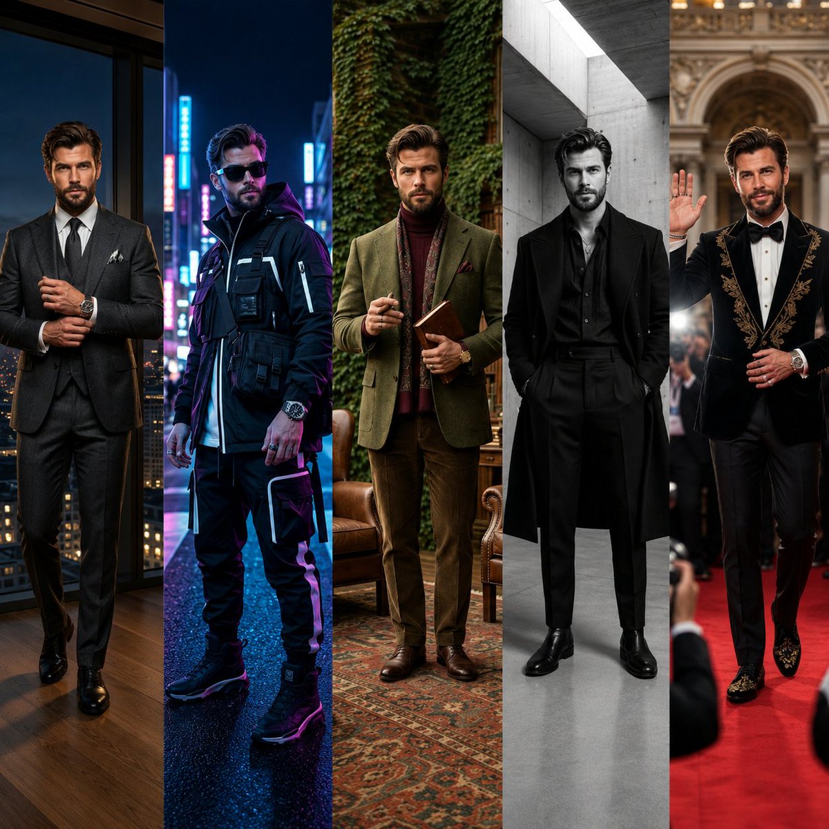A stylish man in luxury suits across five fashion panels