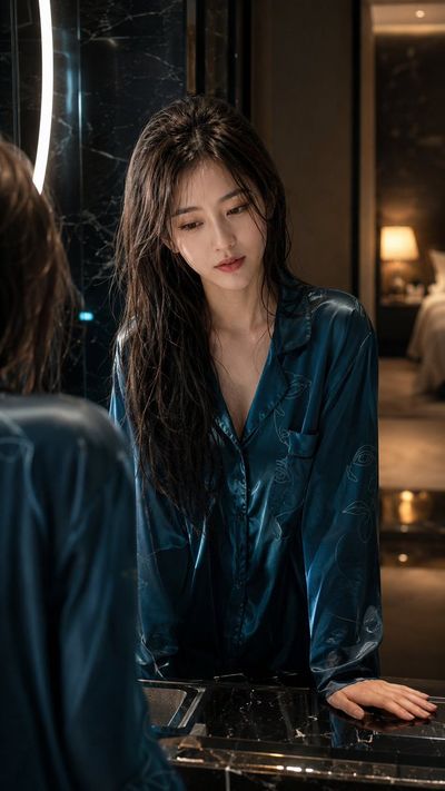 A woman in teal satin reflects quietly in a dark marble bathroom.