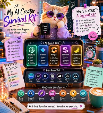 A luxurious creator survival kit glows on a modern desk