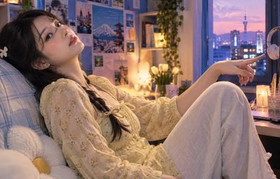 Young Woman Points at Twilight Skyline from Cozy Room