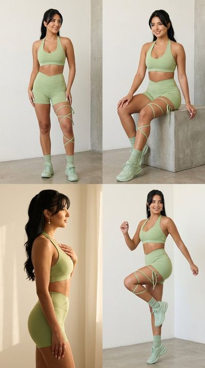 Athletic model poses confidently in pistachio green sportswear