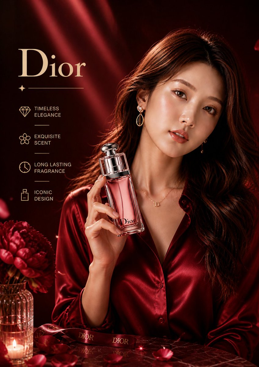Cinematic Dior Perfume Portrait in Deep Red Luxury