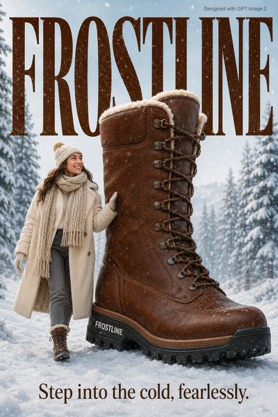 Woman in cream coat stomps beside giant boot in snowy forest