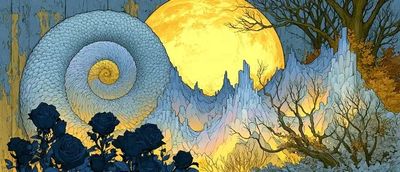 A glowing golden moon illuminates a surreal spiral nautilus shell.