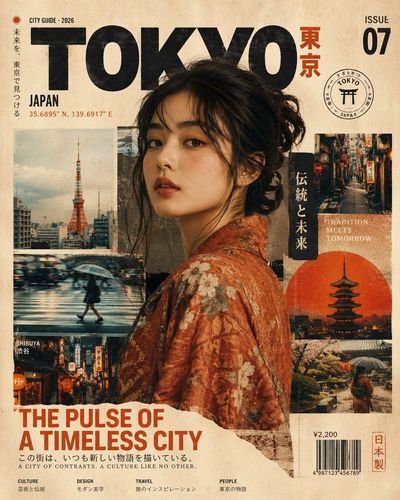 A fashion model poses elegantly on a warm sepia-toned magazine cover