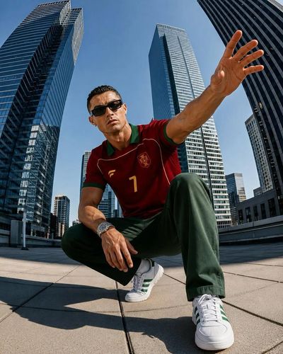 Ronaldo crouches low in a dramatic city plaza fashion portrait