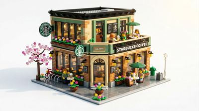 A LEGO diorama recreates a famous brand store with cinematic lighting.