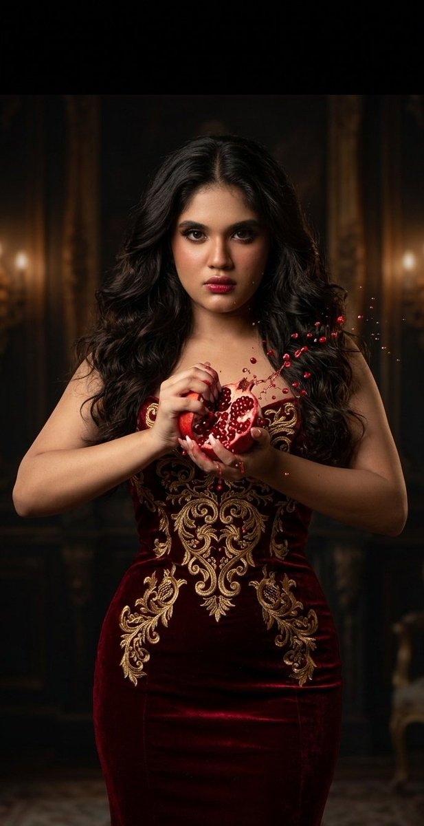 Dr. Samia crushes a ripe pomegranate in her velvet gown
