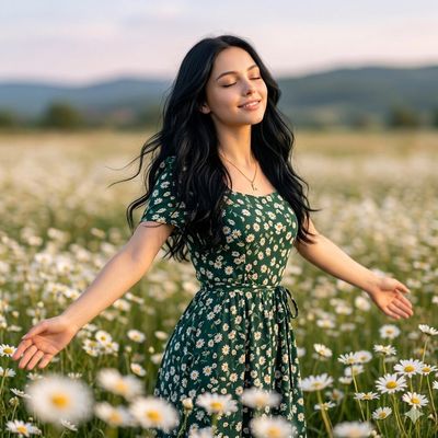 A woman in a green dress smiles peacefully in a sunny daisy field